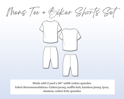 Illustration and detailed description for Mens Tee and Biker Shorts Set sewing pattern.