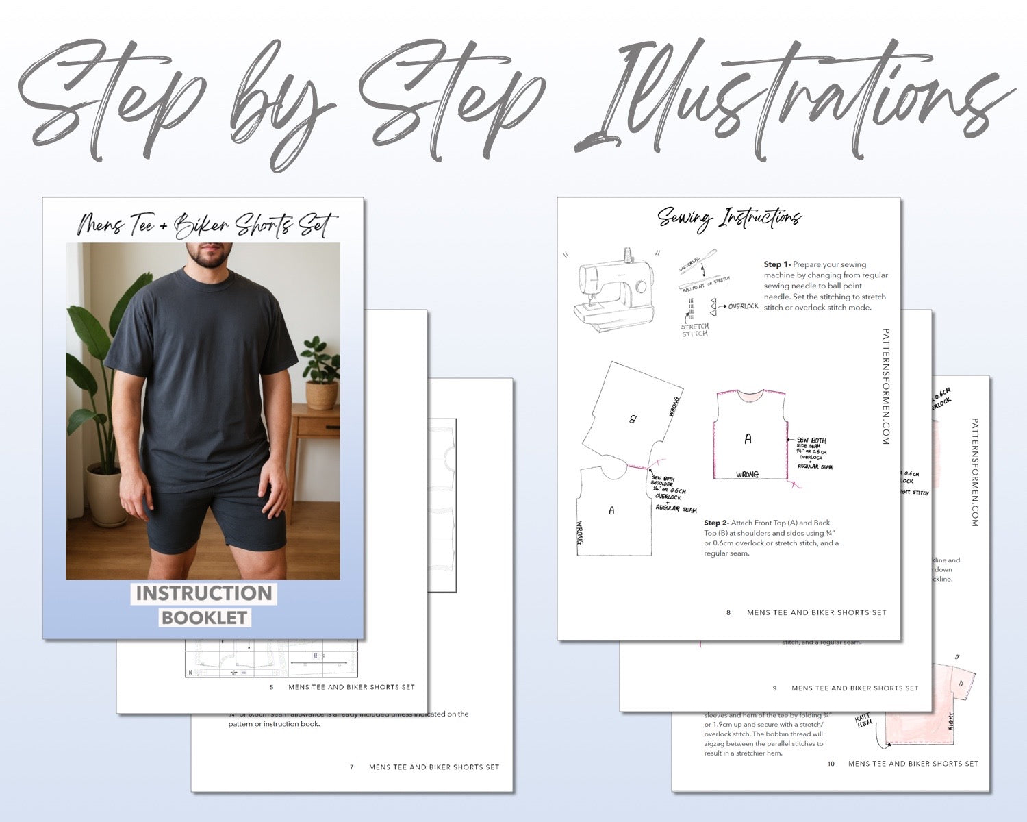 Mens Tee and Biker Shorts Set sewing pattern step by step illustrations.
