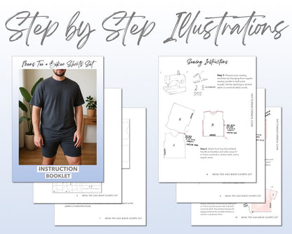 Mens Tee and Biker Shorts Set sewing pattern step by step illustrations.