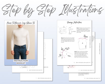Mens Turtleneck Long Sleeve Top sewing pattern step by step illustrations.