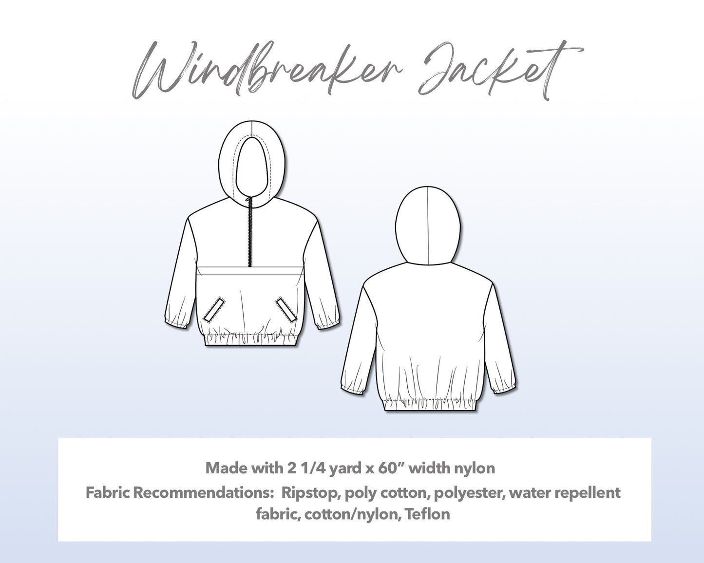 Illustration and detailed description for Mens Windbreaker Jacket sewing pattern.