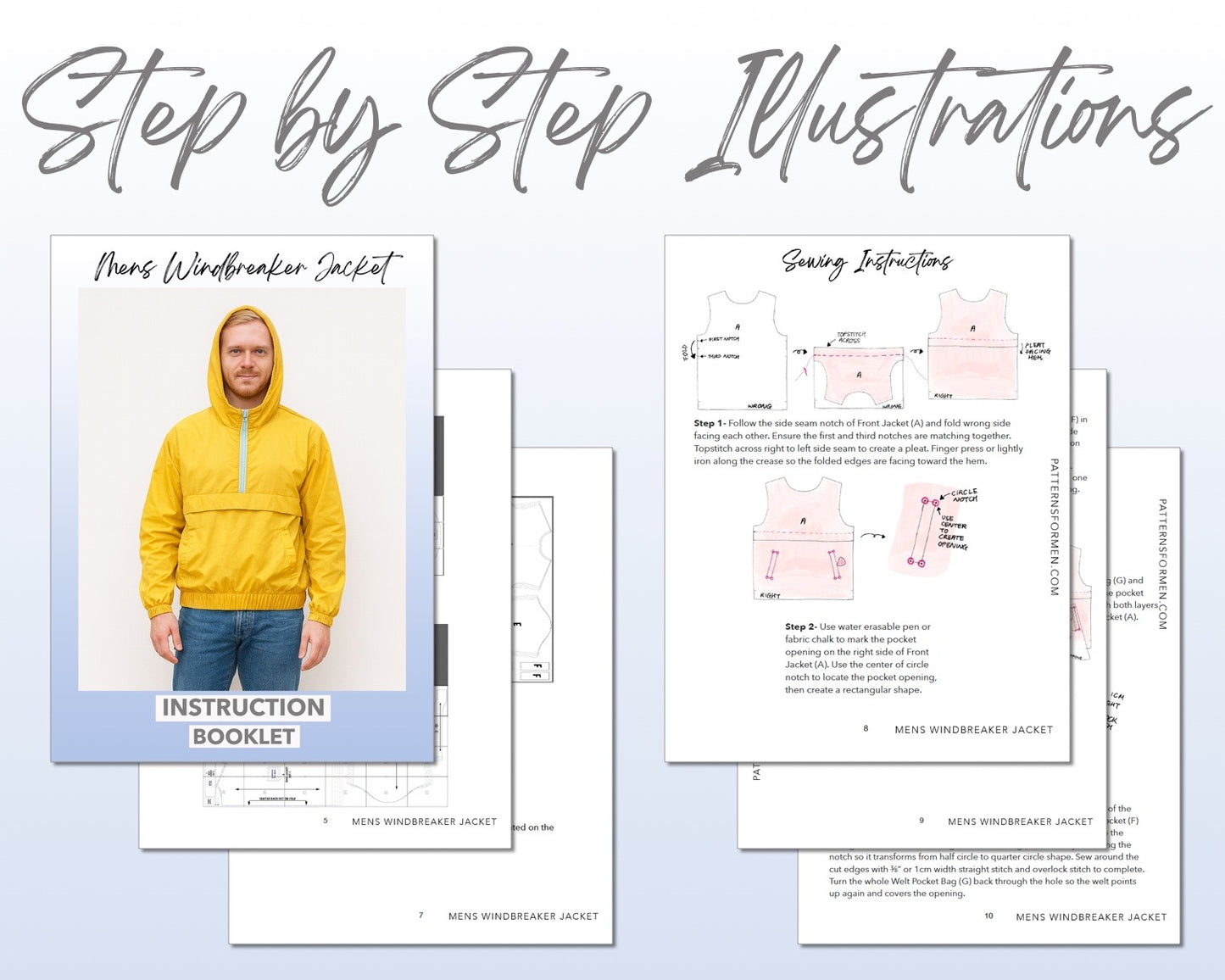 Mens Windbreaker Jacket sewing pattern step by step illustrations.