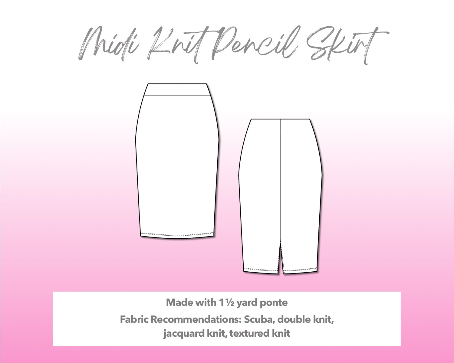 Illustration and detailed description for Midi Knit Pencil Skirt sewing pattern.