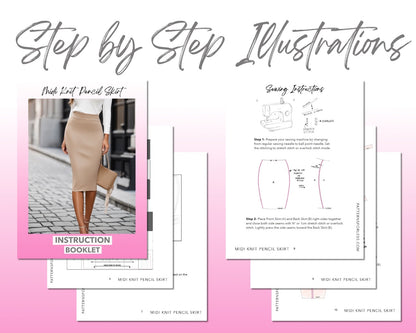 Midi Knit Pencil Skirt sewing pattern step by step illustrations.