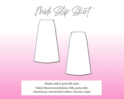 Illustration and detailed description for Midi Slip Skirt sewing pattern.