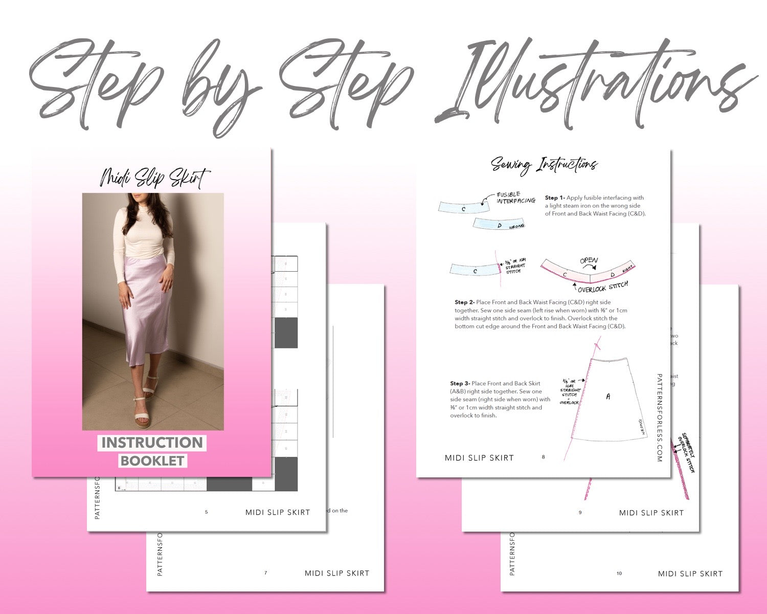 Midi Slip Skirt sewing pattern step by step illustrations.