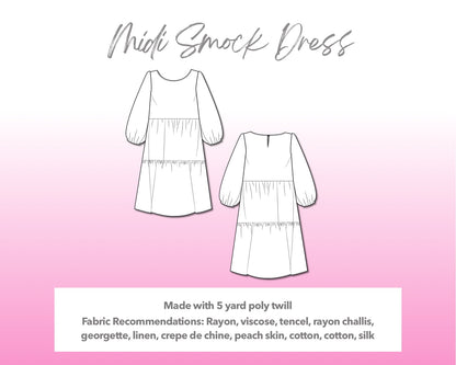 Illustration and detailed description for Midi Smock Dress sewing pattern.