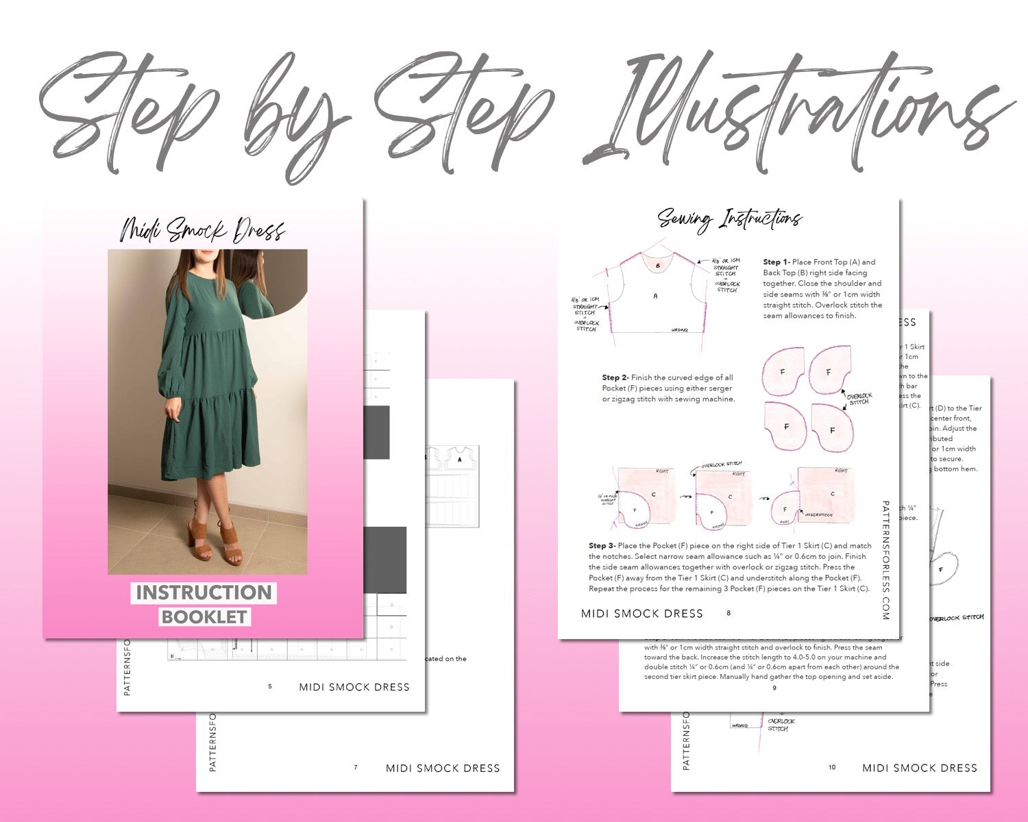Midi Smock Dress sewing pattern step by step illustrations.