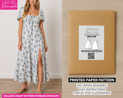 Milkmaid Front Tie Maxi Dress printed sewing pattern with easy instructions and step by step illustrations.