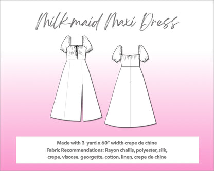 Illustration and detailed description for Milkmaid Front Tie Maxi Dress sewing pattern. Made with 3  yard x 60” width crepe de chine. Other Fabric Recommendations: rayon challis, polyester, silk, crepe, viscose, georgette, cotton, linen, crepe de chine.