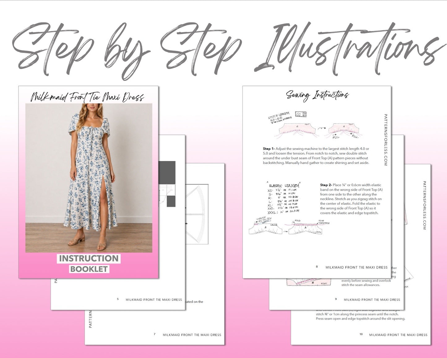 Milkmaid Front Tie Maxi Dress sewing pattern instruction booklet showing step by step illustrations to make the garment.