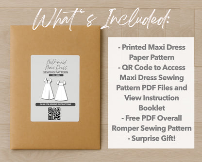 What is included with the printed Milkmaid Front Tie Maxi Dress paper sewing pattern