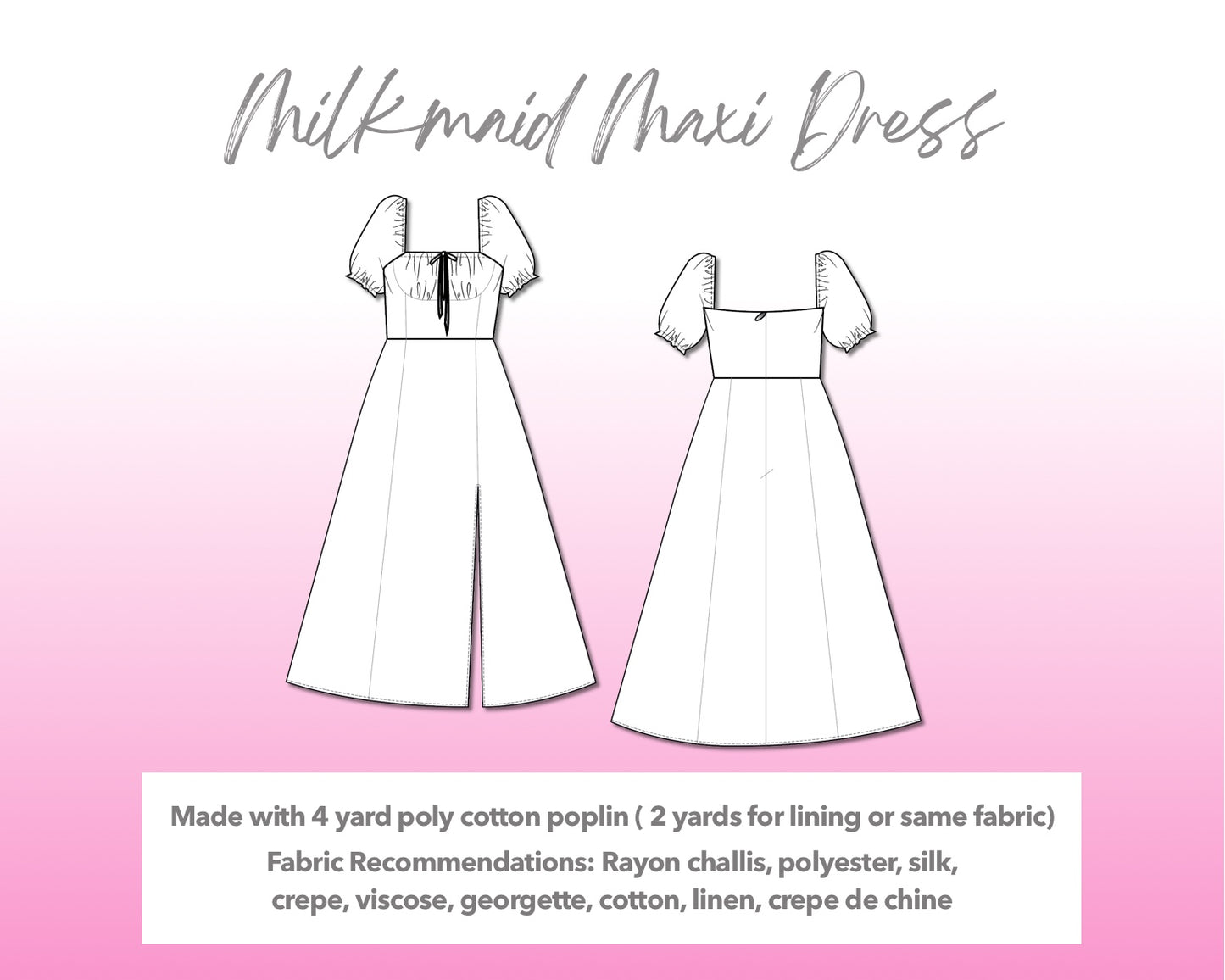 Illustration and detailed description for Milkmaid Maxi Dress sewing pattern.