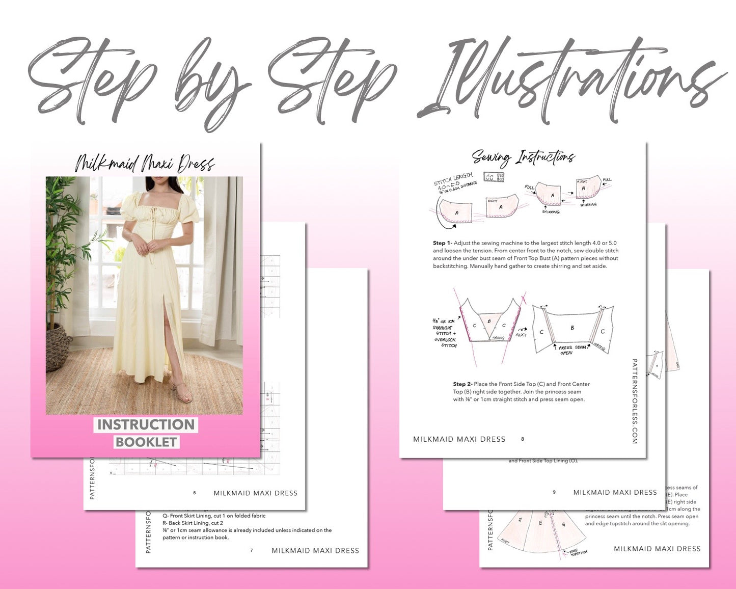 Milkmaid Maxi Dress sewing pattern step by step illustrations.