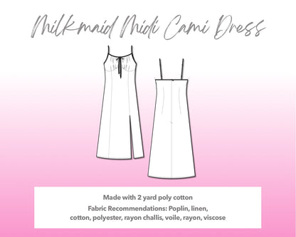 Illustration and detailed description for Milkmaid Midi Cami Dress sewing pattern.