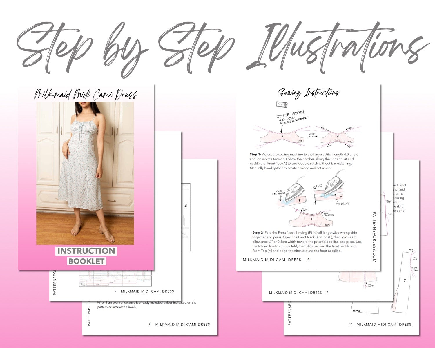 Milkmaid Midi Cami Dress sewing pattern step by step illustrations.