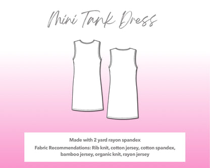 Illustration and detailed description for Mini Tank Dress sewing pattern.