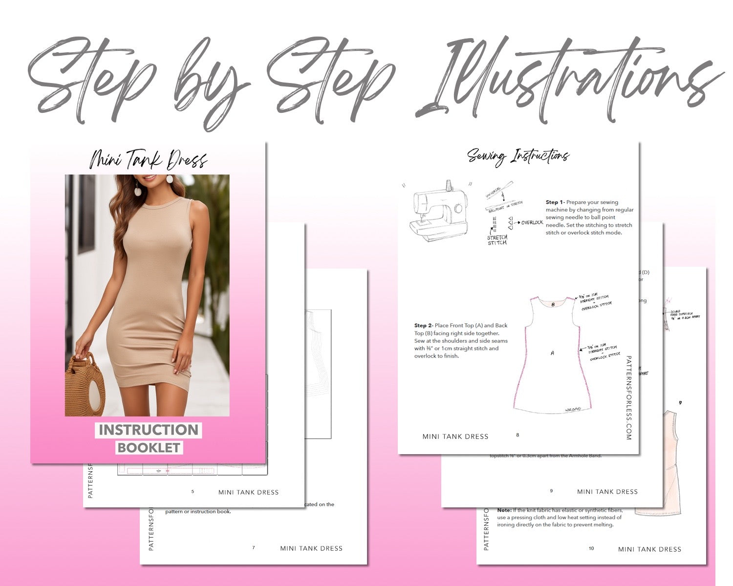 Mini Tank Dress sewing pattern step by step illustrations.