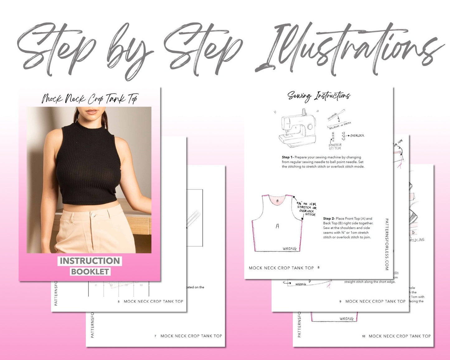 Mock Neck Crop Tank Top sewing pattern step by step illustrations.