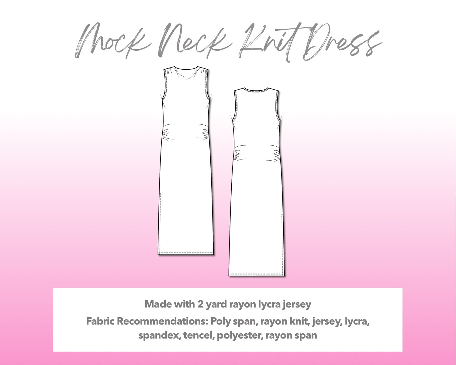 Illustration and detailed description for Mock Neck Knit Dress sewing pattern.