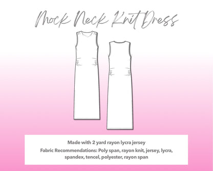 Illustration and detailed description for Mock Neck Knit Dress sewing pattern.