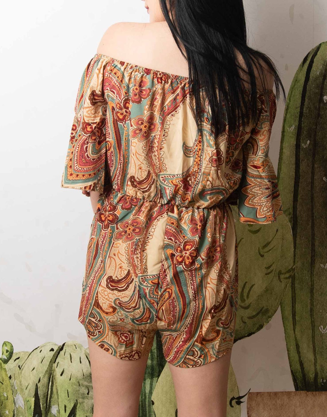 Back view of Off Shoulder Bell Sleeve Romper.