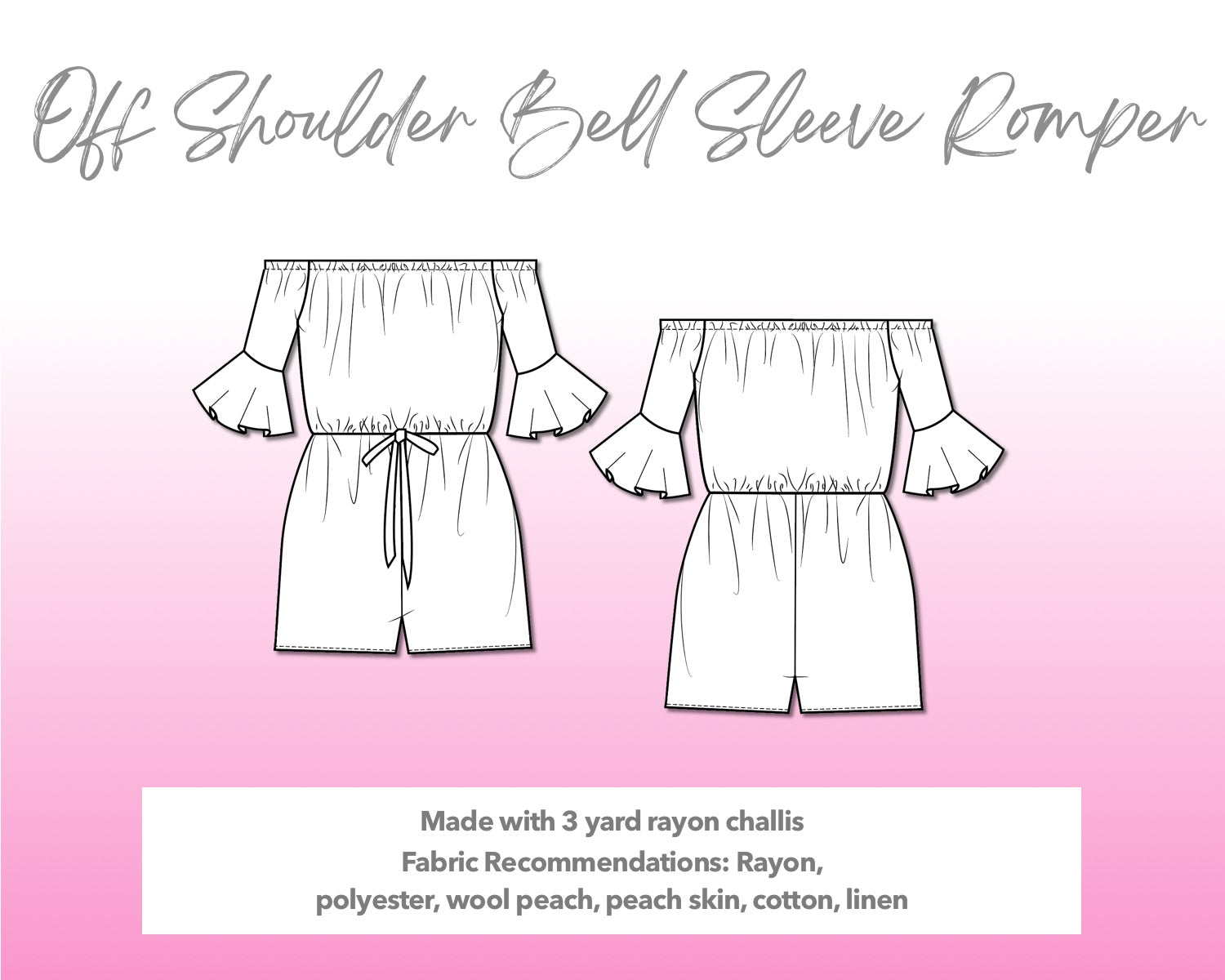 Illustration and detailed description for Off Shoulder Bell Sleeve Romper sewing pattern.