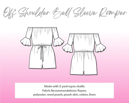 Illustration and detailed description for Off Shoulder Bell Sleeve Romper sewing pattern.