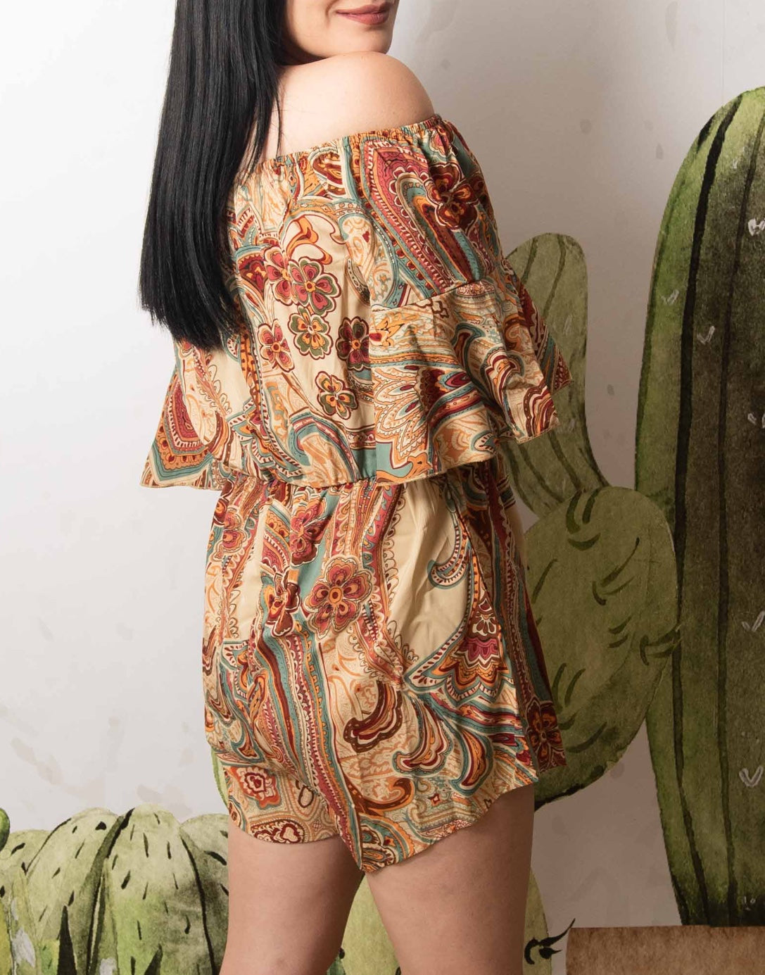 Closeup of Off Shoulder Bell Sleeve Romper.