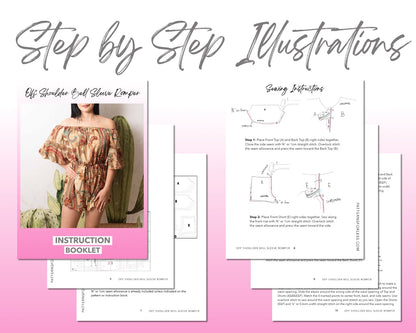 Off Shoulder Bell Sleeve Romper sewing pattern step by step illustrations.