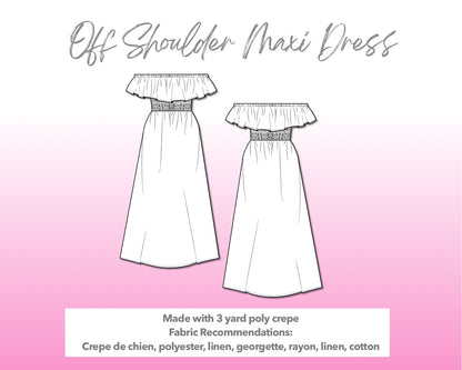 Illustration and detailed description for Off Shoulder Maxi Dress sewing pattern.