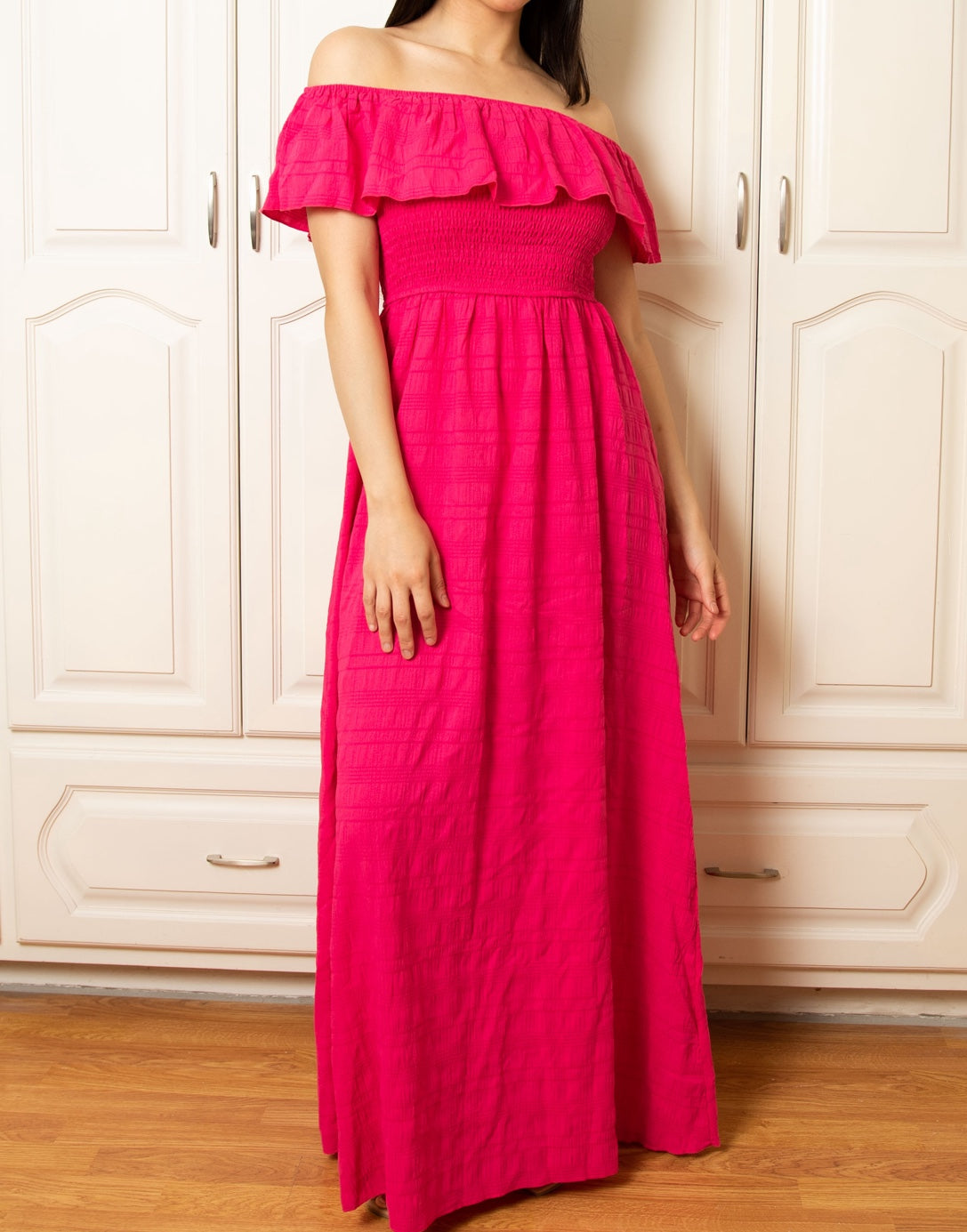 Front view of Off Shoulder Maxi Dress.