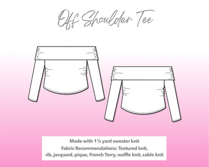 Illustration and detailed description for Off Shoulder Tee sewing pattern.