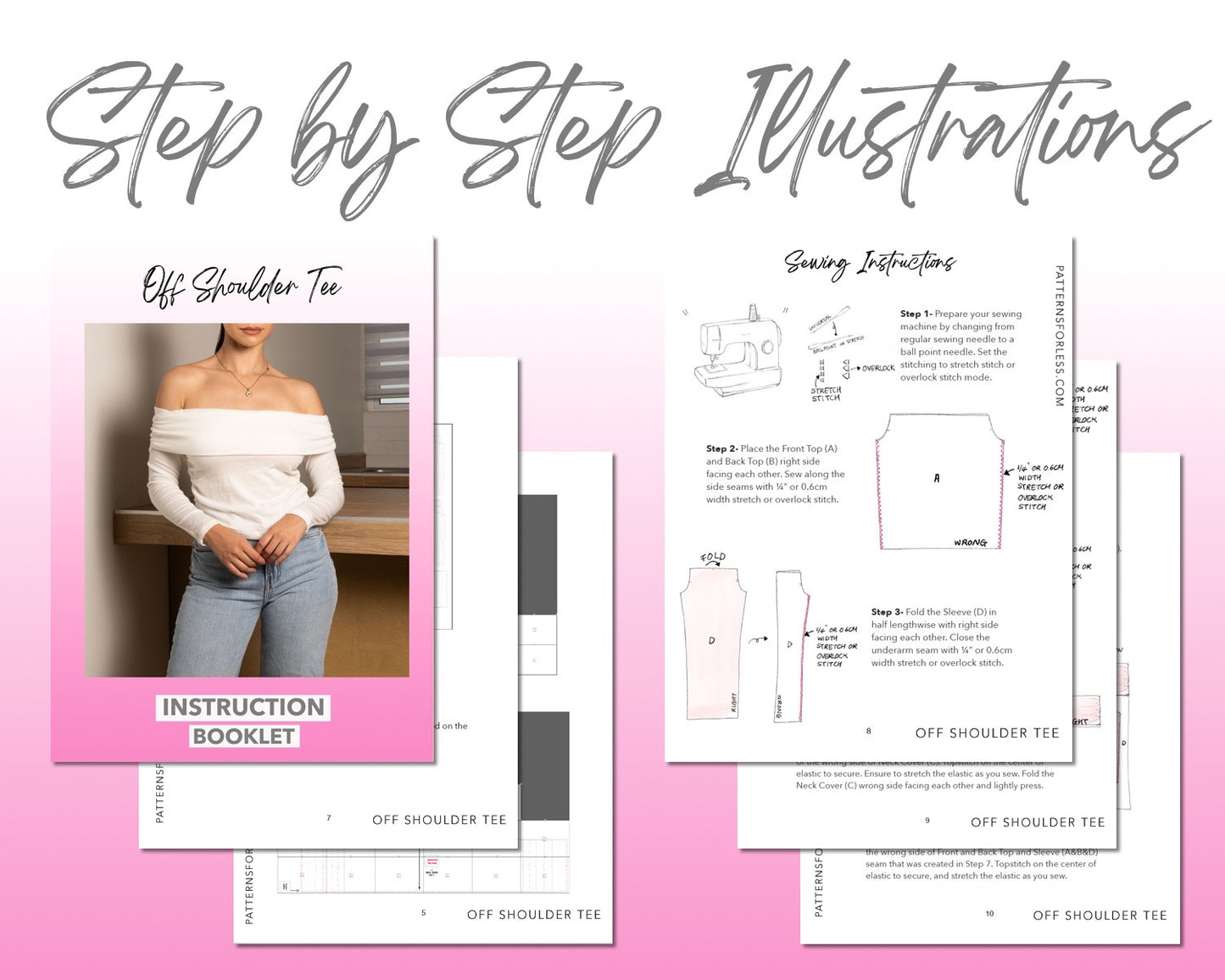 Off Shoulder Tee sewing pattern step by step illustrations.