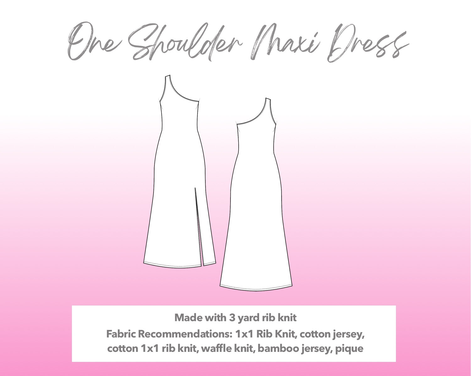 Illustration and detailed description for One Shoulder Maxi Dress sewing pattern.