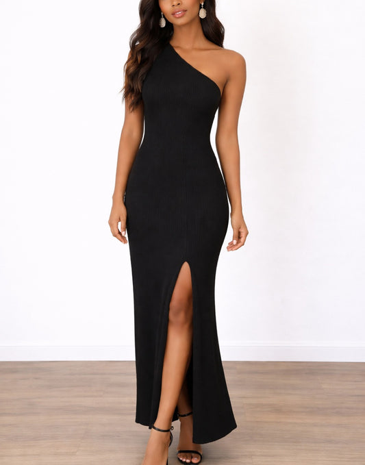 Woman wearing a black One Shoulder Maxi Dress with a high slit on a white background.