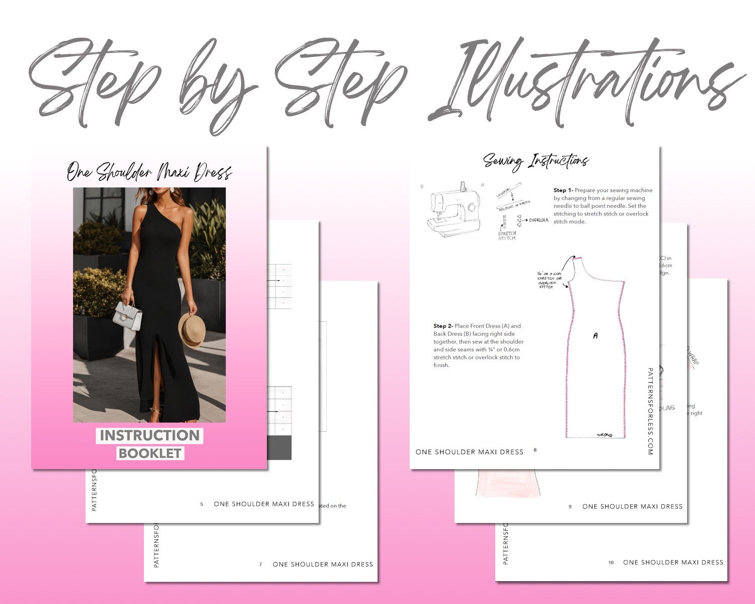 One Shoulder Maxi Dress sewing pattern step by step illustrations.