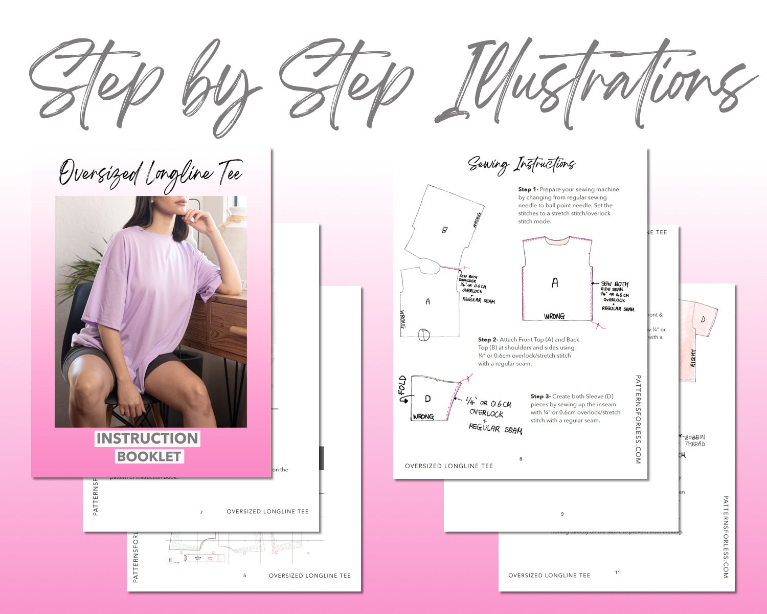 Oversized Longline Tee sewing pattern step by step illustrations.