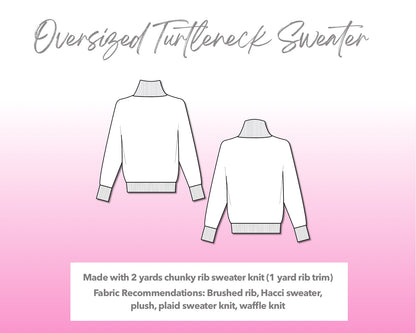 Illustration and detailed description for Oversized Turtleneck Sweater sewing pattern.