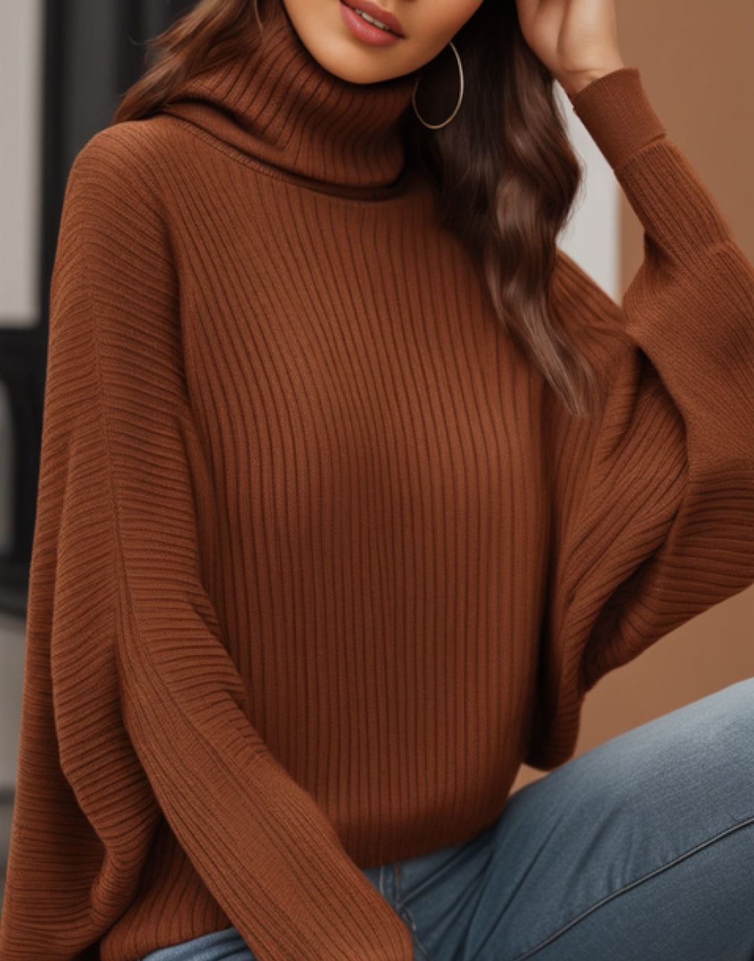 Side view of Oversized Turtleneck Sweater.