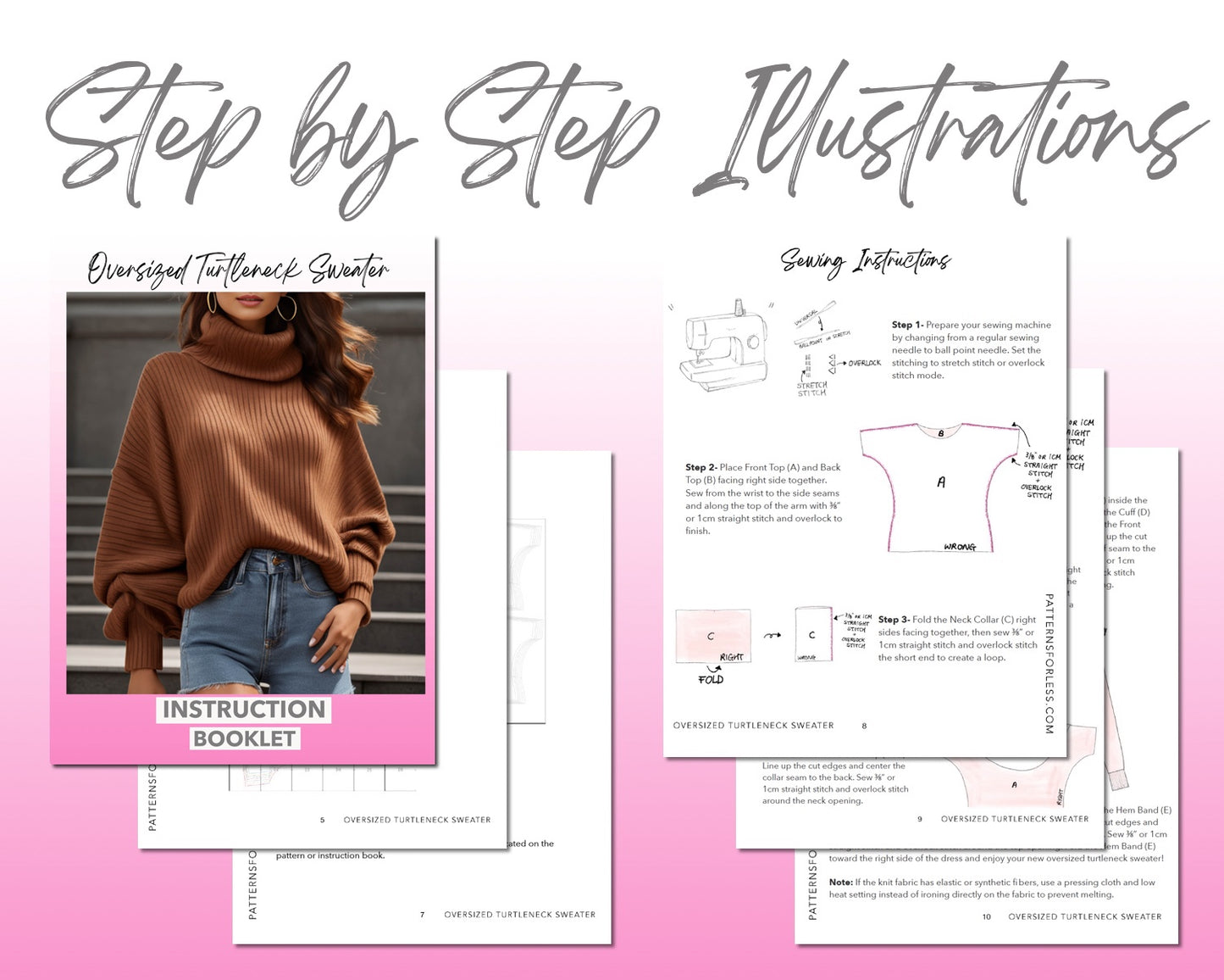 Oversized Turtleneck Sweater sewing pattern step by step illustrations.