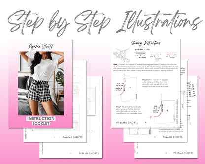 Pajama Shorts sewing pattern step by step illustrations.