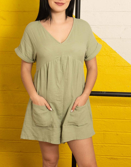 Front view of Patch Pocket Batwing Sleeve Romper.