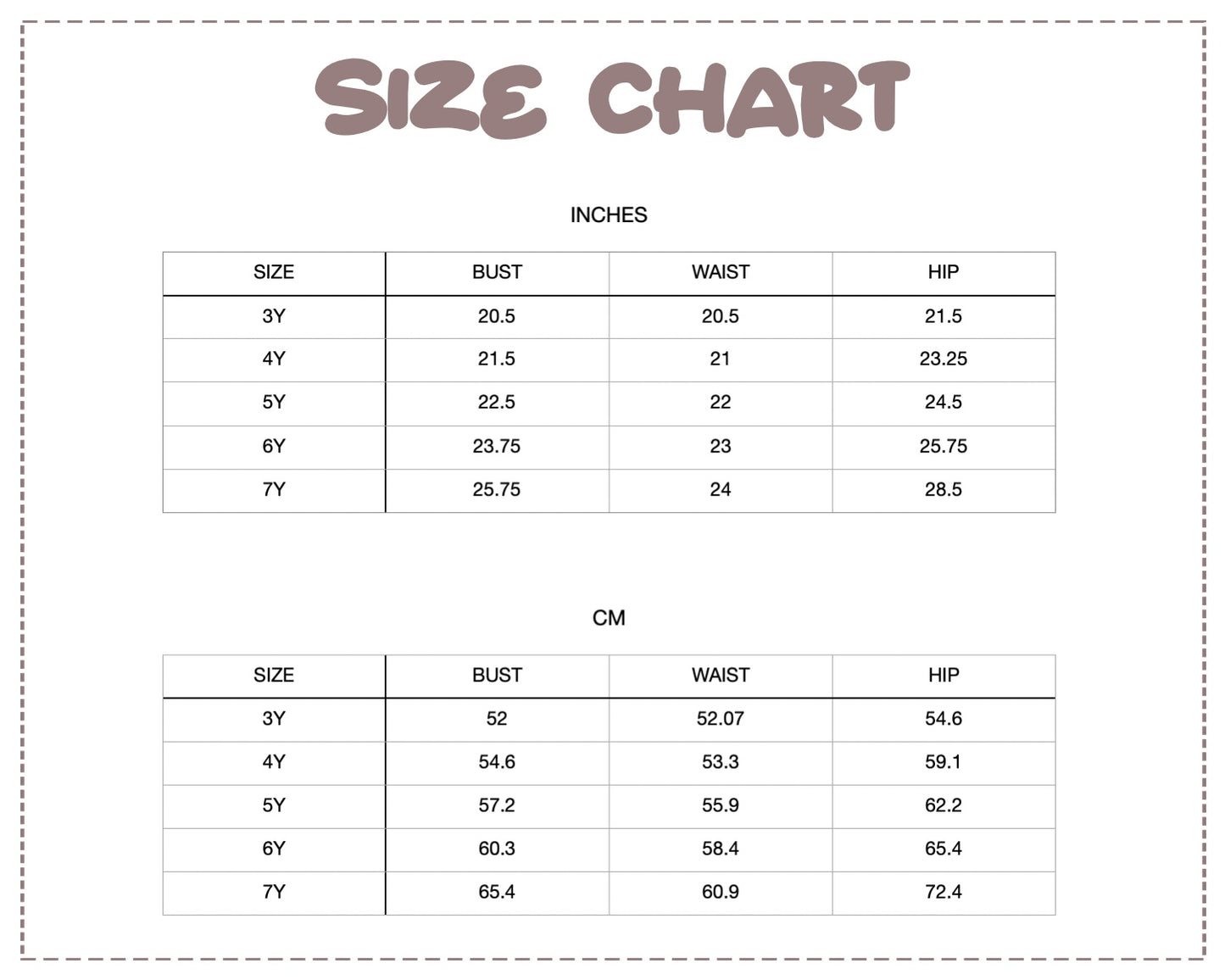 Patterns For Kidz size chart.