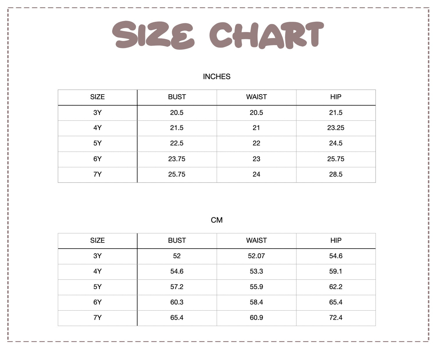 Patterns For Kidz size chart.