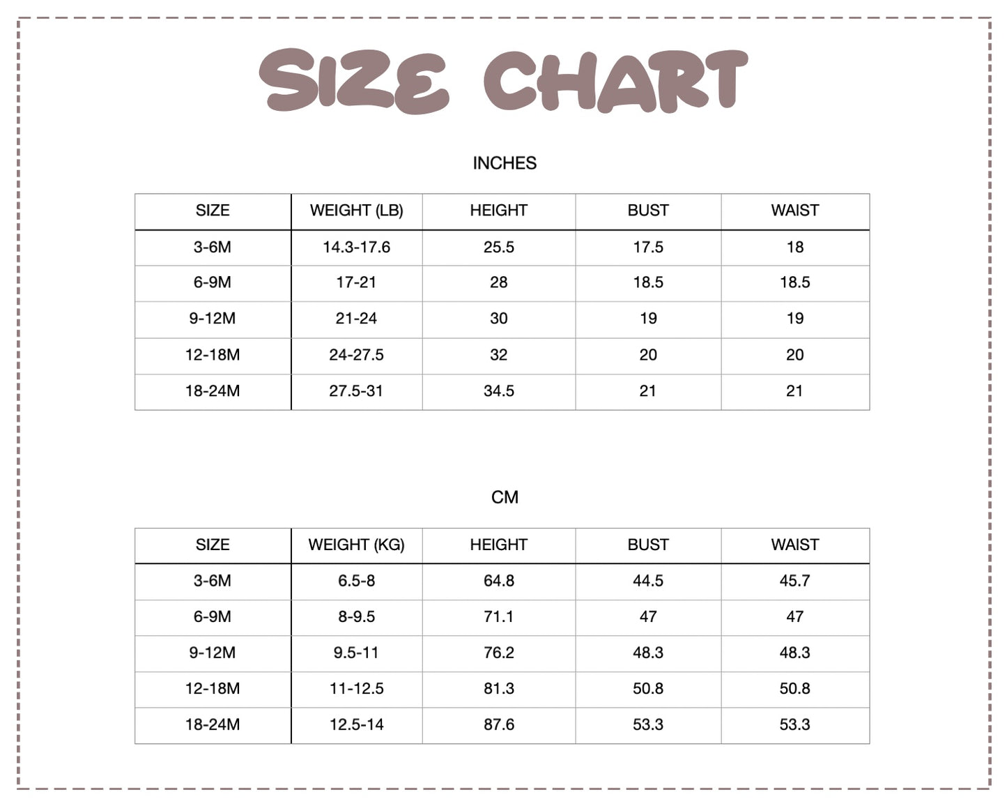 Patterns For Kidz size chart.