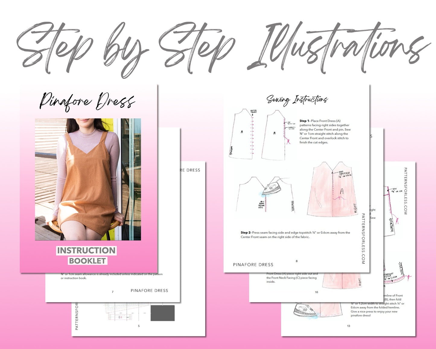 Pinafore V-Neck Mini Dress sewing pattern step by step illustrations.