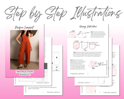 Pinafore Jumpsuit sewing pattern step by step illustrations.
