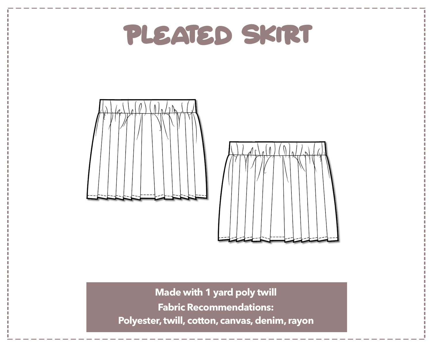Illustration and detailed description for Elastic Waist Pleated Skirt sewing pattern.