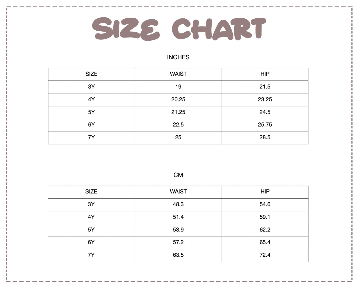 Patterns For Kidz size chart.
